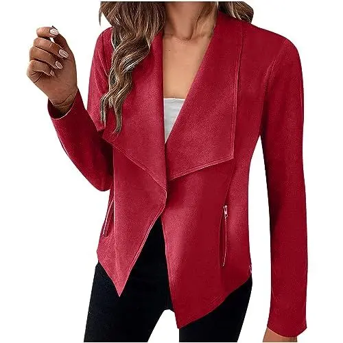 Produktbild: ZRYAZQ Damen Jacke Wildleder Kurz Bikerjacke Moto Jacken Damen Slim Fit mit Reißverschlußtaschen Wildlederjacke Langarm Revers Übergangsjacke für Frühlingherbst Kurze Kunstleder Mantel Casual
