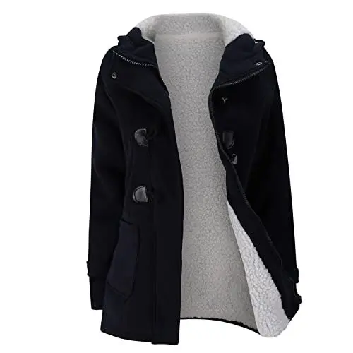 Produktbild: ZRYAZQ Damen Winterjacke Warm Gefüttert Wollmantel Damen mit Teddyfutter Wintermantel Damen mit Kapuze Mantel Winter Dicke Fleecejacke Teddyfleece Trenchcoat mit Knöpfen Taschen Damenmantel Übergang