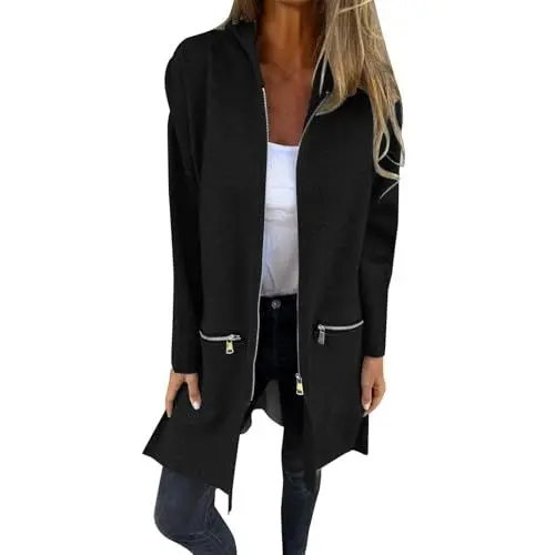 Produktbild: ZRYAZQ Damen Wintermantel Lang mit Reissverschluss Wollmantel Damen Winter mit Kapuze Übergangsjacke Damen Elegant Trenchcoat mit Taschen Winterjacke mit Reißverschlußtaschen Windmantel Outwear