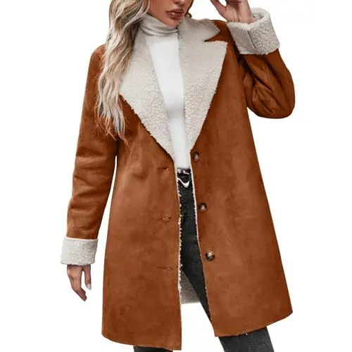 Produktbild: ZRYAZQ Damen Wintermantel Warm Gefüttert Winterjacke Damen Lang Mit Teddyfutter Wildleder Mantel Damen Winter Mittellang mit Knöpfen Teddyjacke Warme Revers Lange Fleecejacke Dicke Jacke Wildleder