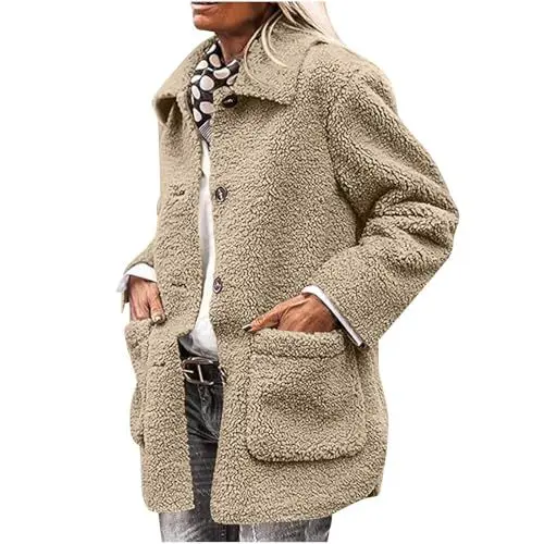Produktbild: ZRYAZQ Fleecejacke Damen Teddyfleece Dicke Winterjacke Damen Warm Teddy Mantel Winter mit Knöpfen Fleecejacken Revers Warme Teddyjacke Flauschig Wintermantel Fleece mit Taschen Plüschmantel Casual