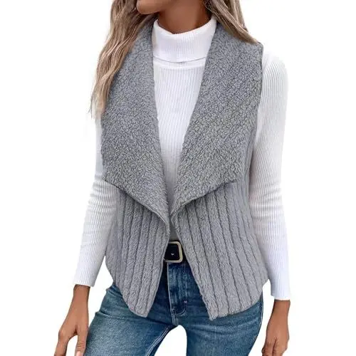 Produktbild: ZRYAZQ Fleeceweste Damen Ärmellos Flauschig Elegant Teddy Weste Damen Kurz Einfarbig Warme Weste Teddyfleece Mantel Fleece mit Taschen Teddyjacke Winter Westen Plüsch Fleecejacke Teddy Plüschweste