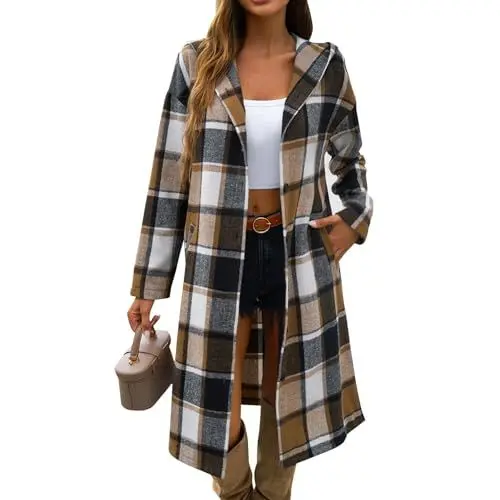 Produktbild: Hemdjacke Damen Kariert Lang Damen-Jacken Shacket Langarm Hemd Bluse Flanell Jacke Button Down Mantel Winter Herbstjacke Frauen Mit Kapuze Hemdbluse Casual Oberteile Lose Übergangsjacke Leicht