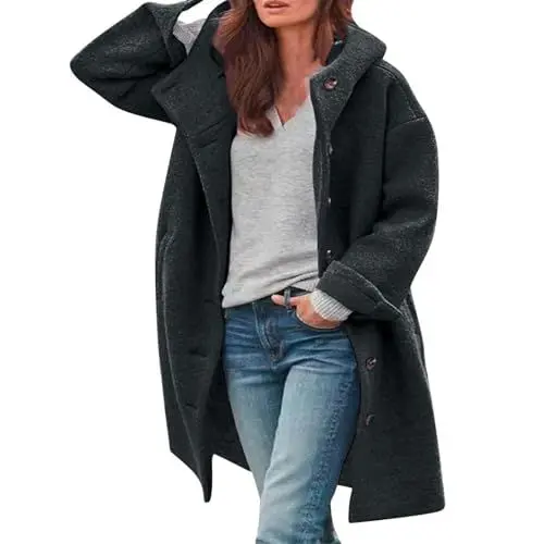 Produktbild: ZRYAZQ Wintermantel Damen Elegant Lang Trenchcoat Damen Winter mit Kapuze Damen Mantel Stehkragen mit Knöpfen und Taschen Wollmantel Lange Übergangs Winterjacke Warm Einfarbig Wolljacke Freizeit