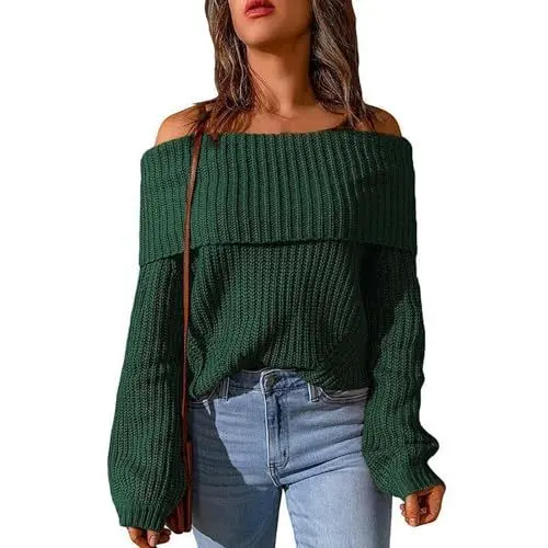 Produktbild: ZRYAZQ Winterpullover Damen Strick Schulterfrei Pulli Damen Elegant Einfarbig Strickpullover Damen Grobmaschig Pullover Damen Winter Langarm Winterpulli Warm Damenpullover Kuschelig Strickpulli