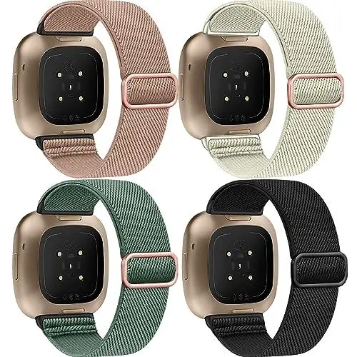 Produktbild: Zspoly 4 Stück Stretch Nylon Armbänder, Kompatibel Mit Fitbit Versa 4/3, Sense 2/Sense - Einstellbare Weiche Woven Übung Armband für Männer und Frauen