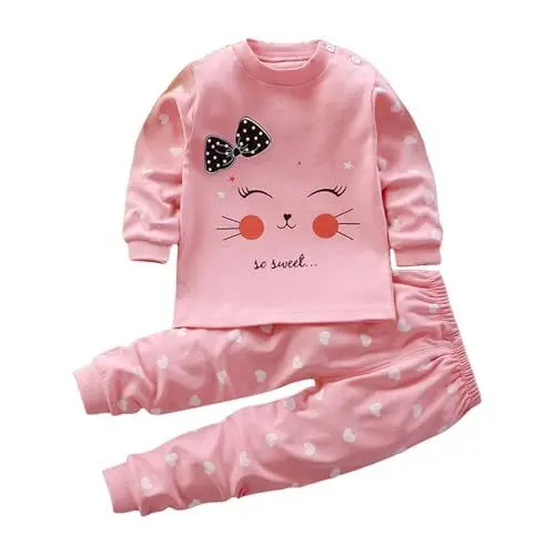 Produktbild: Mädchen Schlafanzug Set Pyjama Kinder Bekleidungs Zweiteilig Schlafanzug Lange Hosen Kinderkleidung Animal Druck Langarm Nachtwäsche Baby Junge Outfit Baumwolle (Watermelon Red, 3-6 Months)