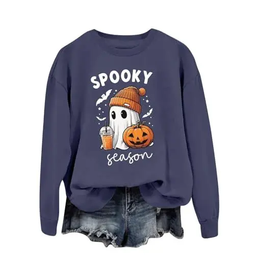 Produktbild: ZTFYKLIN Halloween Tops Wollpullover Damen Grosse Groessen Sweatshirt Blau Damen Tshirt Schwarz Damen Pullover Damen Blau V Ausschnitt Lambswool Pullover Damen Early Prime of Day Deals
