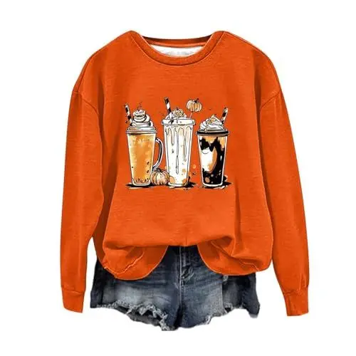 Produktbild: Generisch Halloween Sweatshirt Damen Langarm Rundhalsausschnitt Kostüm Oversized Drucken Sportshirt Oberteil Ohne Kapuze Pullover Party Festival Outfits Lustige Locker Langarmshirt (Orange, XL)