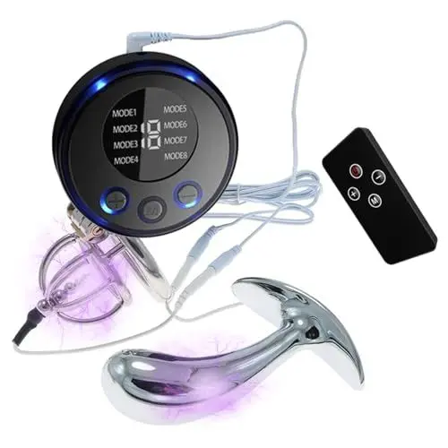 Produktbild: ZTHBYSB Herren Edelstahl Peniskäfig Elektro Shock Keuschheitsgürtel mit Harnröhren Dilator Metall Elektrische Stimulation Groß Anal Plug Set SM Chastity Cage Extrem Sex Toys für Männer,Silber,S