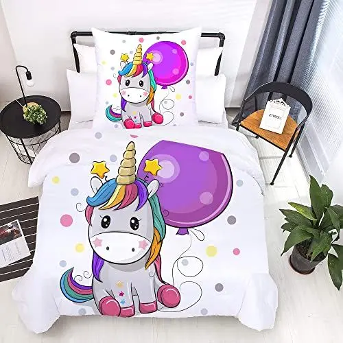 Produktbild: ZTYROLJ Einhorn Bettwäsche 135x200 für Mädchen Kinder,Weich Mikrofaser Einhorn Bettbezug,Atmungsaktiv Einhorn kinderbettwäsche 135x200 mit Reißverschluss+80x80 Kissenbezüge