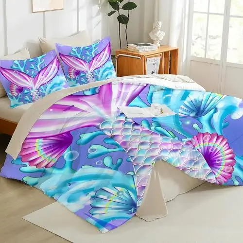 Produktbild: ZTYROLJ Meerjungfrau Bettwäsche 135x200 für Mädchen Kinder,Atmungsaktiv Mermaid kinderbettwäsche 135x200 Bettbezug + 80x80 Kissenbezüge