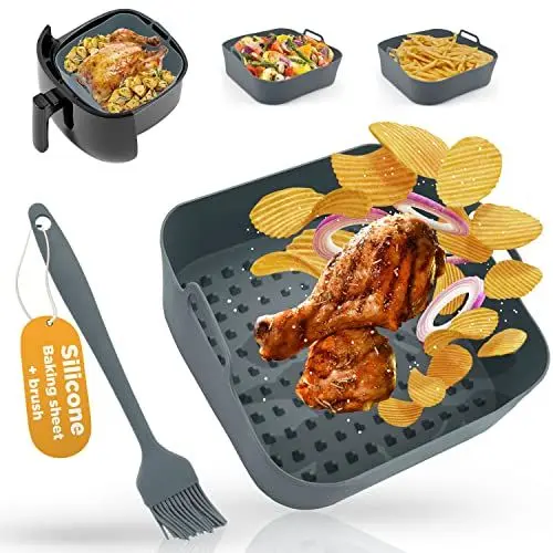 Produktbild: Zubehör für Luftfritteuse: Backblech mit Pinsel 20 x 20 cm, robustes Silikon-Set für Backofen und Fritteuse - kompatibel mit Cosori, Philips, Widder