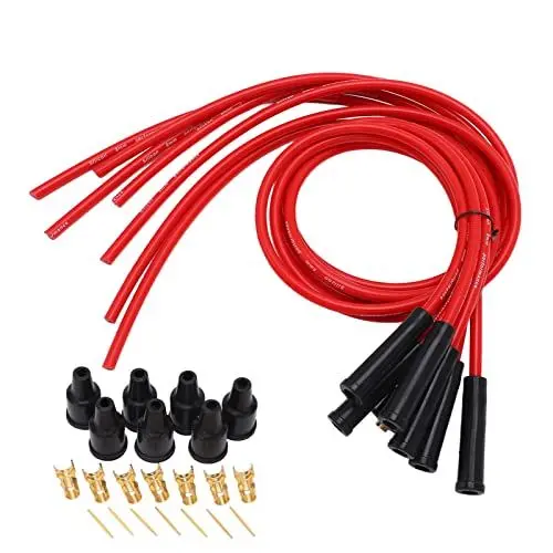 Produktbild: Aramox Red Zündkerze Zündkabel Staubschutz Stecker Pin Set 8mm Durchmesser 1m Länge für 6 Zylinder Oldtimer