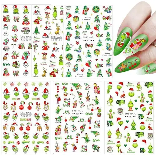 Produktbild: Zueyen 6 Blatt Nagelsticker Weihnachten, Grinch Nail nagelsticker Sticker, Weihnachtsmann Nagelaufkleber, Nail Art Stickers, Grinch Deko Weihnachtssticker Nägel A