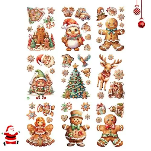 Produktbild: Zueyen 9 Blatt Weihnachtsaufkleber, Fensterbilder Weihnachten, Wiederverwendbar Cartoon PVC Doppelseitiger Aufkleber für Zuhause Schule Party Fensterdeko (Lebkuchenmann)