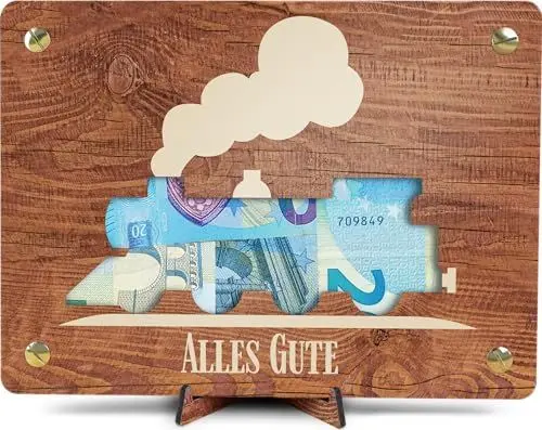 Produktbild: Zug Geschenk - XL Geldgeschenk aus Holz inkl. Ständer | Zug - Modelleisenbahn Deko, Eisenbahn Geschenke, Lokomotive Geschenk, Geschnek Junge, Männer Geschenke