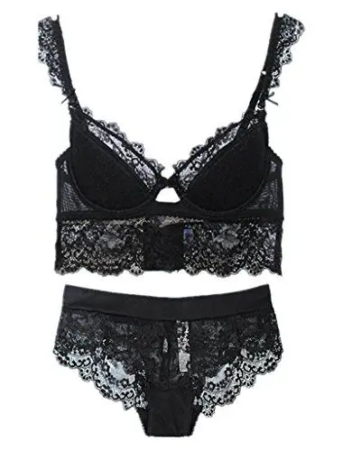Produktbild: ZUKULIFE Damen Dünn Abnehmbare Push Up Bralette Spitzen Balconette BH Set - (Schwarz 85B)