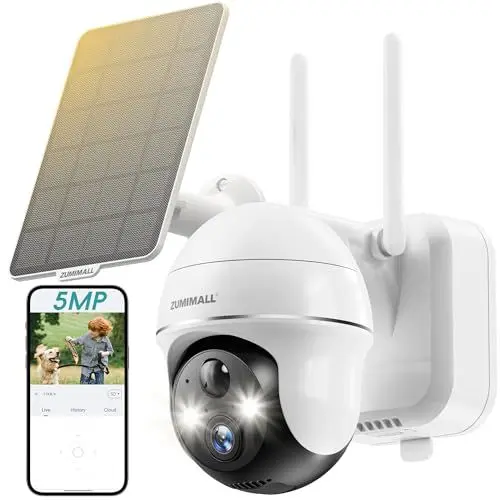 Produktbild: ZUMIMALL 5MP PTZ Überwachungskamera Aussen Akku Solar, 355° /140° WLAN IP Kamera, Überwachung außen mit PIR-Erkennung,Farb-Nachtsicht, Ton- und Lichtalarm, 2-Wege-Audio, Cloud Storage, 2.4GHz