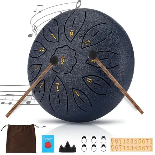 Produktbild: Zungentrommel, 6 Zoll Steel Tongue Drum, 11 Tone Pan Töne Schlaginstrument, Hand Pan Drum, Scheibentrommel, Fingerlinge Trommelstock Trommelstockständer Musikbuch Aufbewahrungstasche Einfach zu Lernen