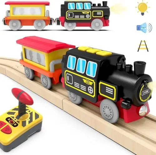 Produktbild: ZUOAN Motorisierter Zug für Holzschienen, Ferngesteuerter Zug mit Magnetanschluss, batteriebetriebenes Lokomotivzug-Set, kompatibel mit Thomas, Brio, Chuggington (ohne Holz-gleise)