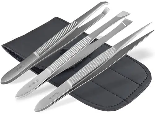 Produktbild: Zeckenentferner-Set - 3 Premium Zeckenpinzetten - Zeckenzange Zeckengreifer Spitzpinzette - Gekröpft Gerade Schräg Flach Spitz präzise - Für Hunde und Katzen - Rostfreier Edelstahl - Inkl. Etui