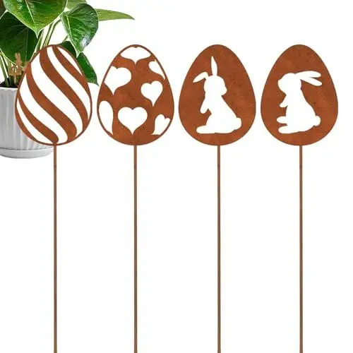 Produktbild: zurabini 4er Edelrost Oster Eier Gartenstecker Deko Rost, Ostereier Gartendeko Rost Baumstecker(Osterei-Stil)