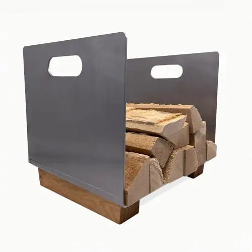 Produktbild: ZUSCHNITTPROFI.DE Design Kaminholz Aufbewahrung aus Schwarzstahl (40 x 34 x 30 cm) – handgefertigter Kaminholzkorb mit Griffen und Holz-Standfüßen – Metallkorb für den Innenbereich