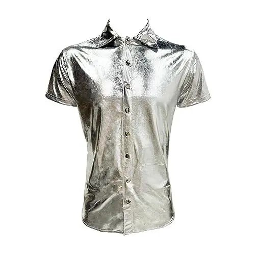 Produktbild: ZUYPSK Herren Leder Hemd Kurzarm Kunstleder angenehm Männer Shirt Slim fit Glänzend Oberteil Muskelshirt Clubwear (Silber, XL)