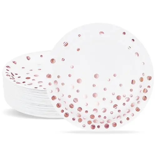 Produktbild: ZVK Pappteller Set Rosé Goldfolie 23cm Weiß Partyteller 50 Stück Partygeschirr Papierteller für Silvester, Neujahr, Jubiläums, Einweihungsfeier