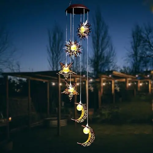 Produktbild: ZVO Solar Windspiele mit Sonne Mond Stern, Solar Windspiel für Draußen Solarleuchten Warme LED Wasserdicht Gartenlampe, Hängeleuchte Garten Deko für Außen Balkon Terrasse Party Baum Geschenke