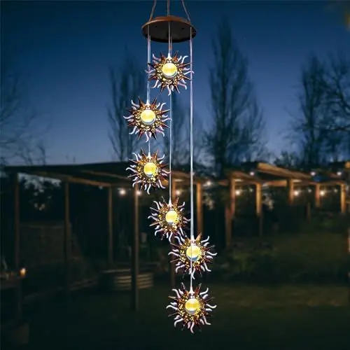Produktbild: ZVO Solar Windspiele mit Sonne, Solar Windspiel für Draußen Solarleuchten Warme LED Wasserdicht Gartenlampe, Hängeleuchte Garten Deko für Außen Balkon Terrasse Party Baum Geschenke