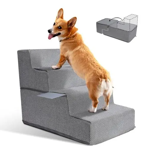 Produktbild: Zvonema Hundetreppe, Hundetreppe für Kleine Hunde, Hundetreppe 4 Stufen aus Memory-Schaum, abnehmbare Haustiertreppe, rutschfeste Katzentreppe, geeignet für ältere verletzte Hunde (58x38x48CM)