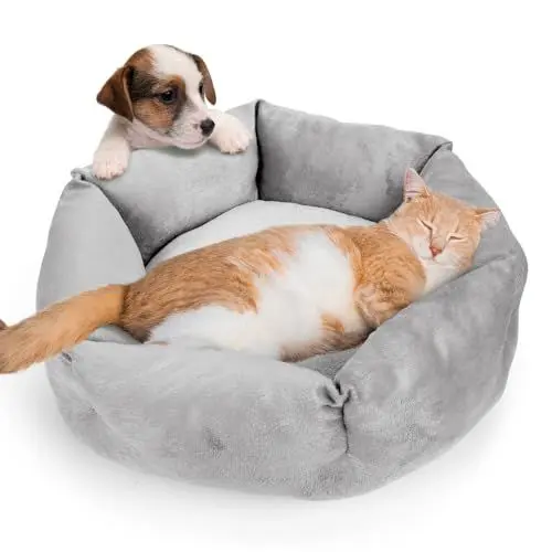 Produktbild: Zvonema Katzenbett, Hundebett kleine Hunde, Waschbares beruhigendes Katzenkorb, Anti-Rutsch weiche Haustierbett, Katzenkissen Rund, Warmes Haus Katzenbett flauschig, Katzenschlafplatz, Grau