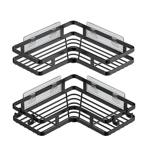 Produktbild: ZVZM Duschablage Ohne Bohren Schwarz Eckregal, Duschregal 2er-Pack, Badregal Ohne Bohren, Shower Shelf Mit 4 Haken, Shampoo Halterung für Dusche, Dusche Halterung für Badezimmer, Küche.