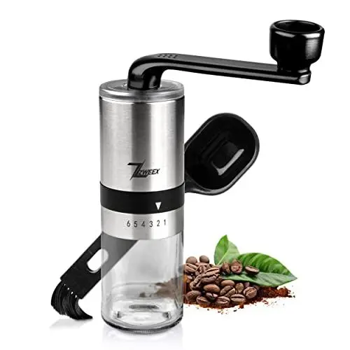 Produktbild: Zweex Kaffeemühle manuell aus Edelstahl und Glas Handkaffeemühle Keramikmahlwerk Coffee grinder Handkaffeemühle mit 6 Mahlgradeinstellung Espressomühle Inkl. Bürste und Tasche