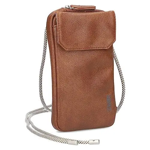Produktbild: Zwei Handytasche zum Umhängen Mademoiselle.M MP30 Smartphone-Etui & Geldbörse 2-in-1, umlaufender Reißverschluss, längenverstellbarer Riemen, Mini-Handtasche 19 x 10 x 3 cm (Cognac)
