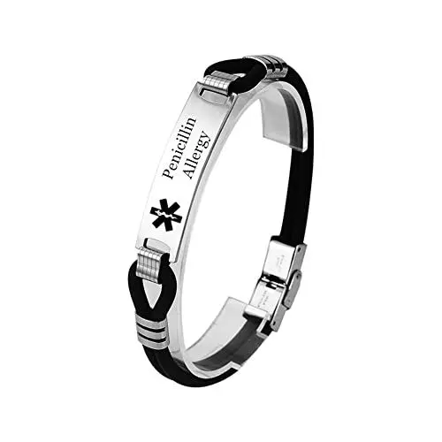 Produktbild: Zweiseitig Gravierbarer Medizinischer Alarm ID Allergie Bewusstseins Namensschild Silikon Armband Personalisiertes Mediziner Zustands Identifikations Armreif Medikamenten Schmuck SOS, 8,26 Zoll
