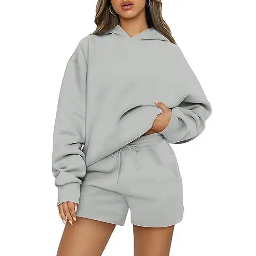 Produktbild: Zweiteiler Damen Elegant Gym Set Damen Sweatshirt Damen Baumwoll Winter Einfarbige Sweatshirt Stil Crewneck Weich Lange Ärme Top Und Short Frauen Gym Oversize Gemütlich Hellgrau 654654