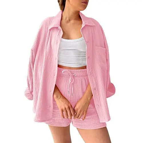 Produktbild: Zweiteiler Damen Sommer Musselin Bluse Hemd und Shorts Clothes Elegant Aesthetic Lounge Set Strand Outfit Set Two Piece Mode Leicht Urlaub Freizeit Oberteile Strand Loungewear Freizeitanzug