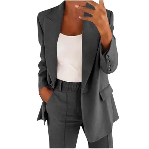 Produktbild: zweiteiler damen sommer,Hosenanzug Zweiteiler Damen Elegant Business Anzuge Set Sportlich Outfit Einfarbig Blazer Hose 2 Teilig Festlich Lange Hosenanzüge Streetwear Trainingsanzüge,3-Dunkelgrau M