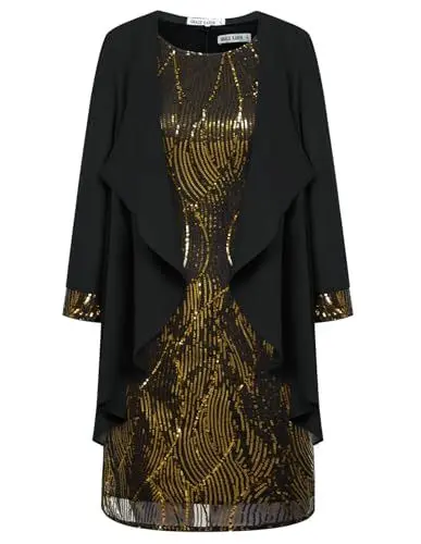 Produktbild: GRACE KARIN Damen Glitzerndes Abendkleid Women Sexy Mode Ärmelloses Dirndl Knielang Bodycon Glitzerkleid mit Spaghettiträgern Gold-Schwarz M