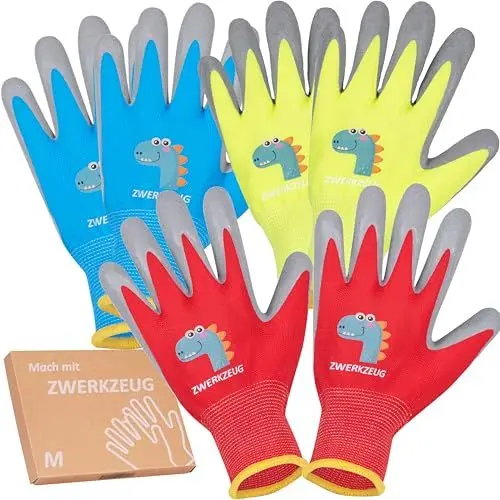 Produktbild: ZWERKZEUG 3 Paar Kinder Arbeitshandschuhe mit natürlicher Latexschicht und dehnbarem Gewebe, Kinder Schutzhandschuhe mit Handflächenbeschichtung, Gummibeschichtete Arbeitshandschuhe, mehrfarbig