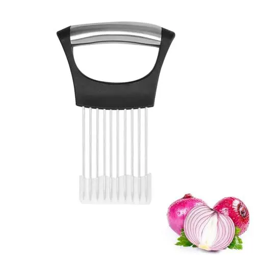 Produktbild: Zwiebelhalter,Zwiebelschneider aus Edelstahl,Schneidehilfe Gemüse,Schneidehilfswerkzeug für Karotten, Zwiebeln, Gemüse, Fleisch (1pcs, Schwarz)