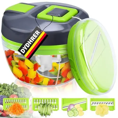 Produktbild: DYDHRER Zwiebelschneider Manuell 550ml, 4 Wellenklingen, Seilzug, Multizerkleinerer für Gemüse, Obst, Zwiebeln, Knoblauch, Grün