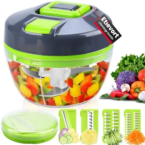 Produktbild: Zwiebelschneider, Zwiebelhacker, mit 4 Wellenklingen, 1 Ersatzdeckel mit Kordelzug, Zerkleinerer Manuell, Onion Chopper, Multizerkleinerer Manuell für Gemüse,Obst,Knoblauch, Gemüseschneider Obstmixer