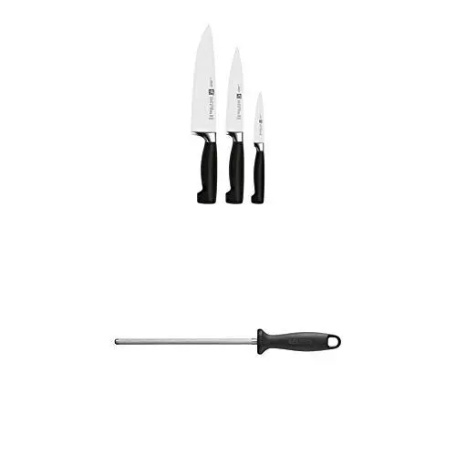 Produktbild: ZWILLING Messer-Set (3-tlg.) und Wetzstahl, Spick-/Garniermesser, Fleischmesser, Kochmesser, Rostfreier Spezialstahl/Kunststoff-Griff, Vier Sterne