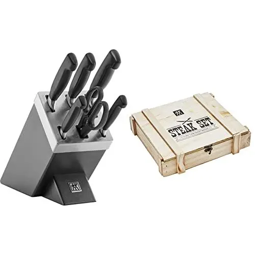 Produktbild: ZWILLING Selbstschärfender Messerblock, 7 teilig, grau, Vier Sterne & 07150-359-0 Steak Besteckset in rustikaler Holzbox, Edelstahl, 12-teilig