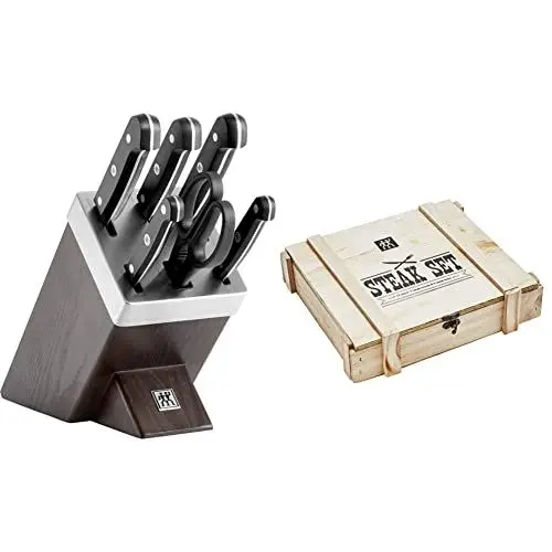 Produktbild: ZWILLING Selbstschärfender Messerblock, 7-tlg, Holzblock, Gourmet & 07150-359-0 Steak Besteckset in rustikaler Holzbox, Edelstahl, 12-teilig