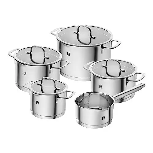 Produktbild: ZWILLING TrueFlow Kochtopfset, 5-teilig, Mit integriertem Sieb im Glasdeckel, Induktionsgeeignet,unbeschichtet, Edelstahl, 5 Tlg.